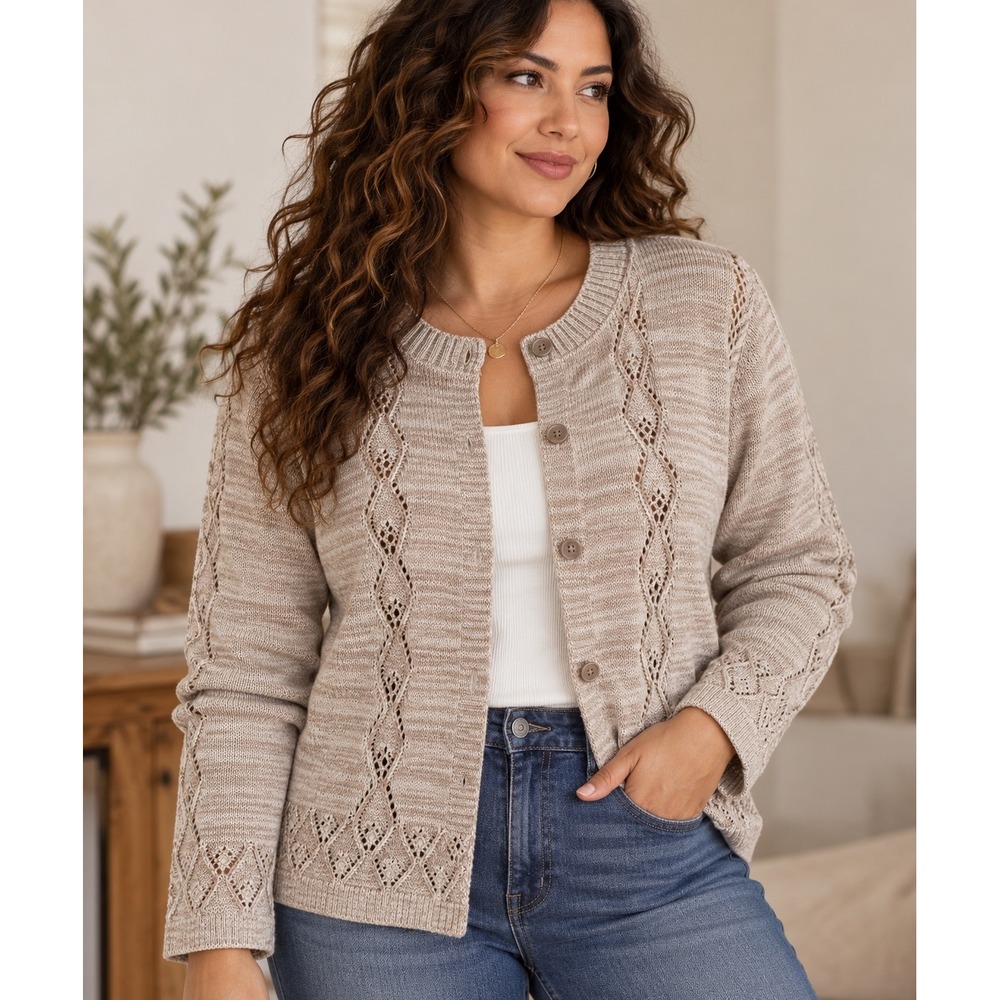 Pointelle Knit Button Front Cardigan Sweater Tan Beige Boho Cottagecore Coastal